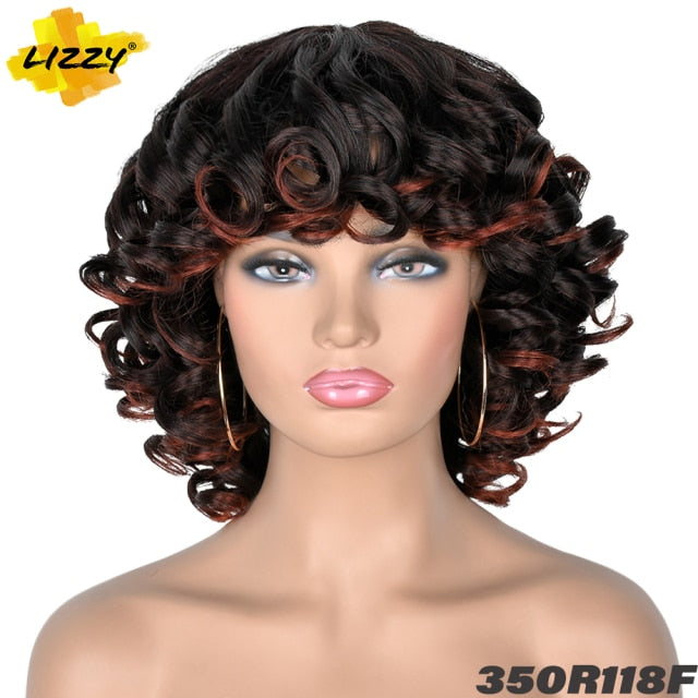 Short Hair Afro Curly Wig With Bangs Loose Synthetic Cosplay Fluffy Shoulder Length Natural Wigs For Black Women Dark Brown 14"