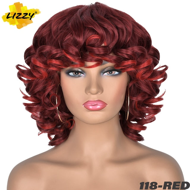 Short Hair Afro Curly Wig With Bangs Loose Synthetic Cosplay Fluffy Shoulder Length Natural Wigs For Black Women Dark Brown 14"