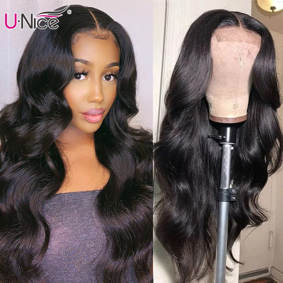UNice Hair Long Body Wave Wigs 4x4 Inch Closure Wig Density 180% And 150% Natural Lace Wig With Pre-Plucked Natural Hairline