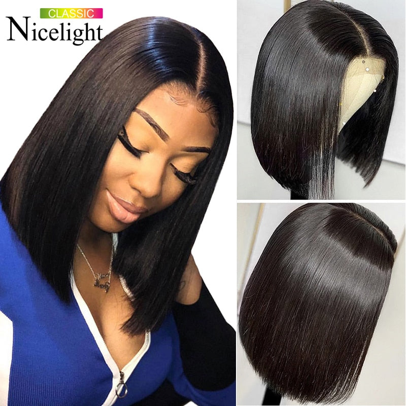 Nicelight Brazilian Hair Lace Wig Short Bob Lace Closure Wig Remy Smooth Straight Human Hair Wigs Natural Color 4x4 Lace Bob Wig