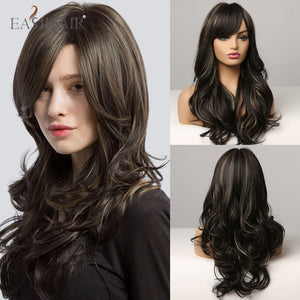 EASIHAIR Long Black Wigs Cosplay Body Wave Synthetic Wigs with Full Bangs For White/Black Women Brazilian American Natural Hair