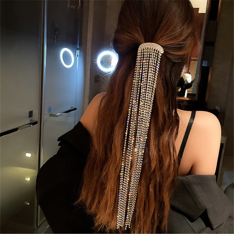 FYUAN Shine Full Rhinestone Hairpins for Women Bijoux Long Tassel Crystal Hair Accessories Wedding Banquet Jewelry