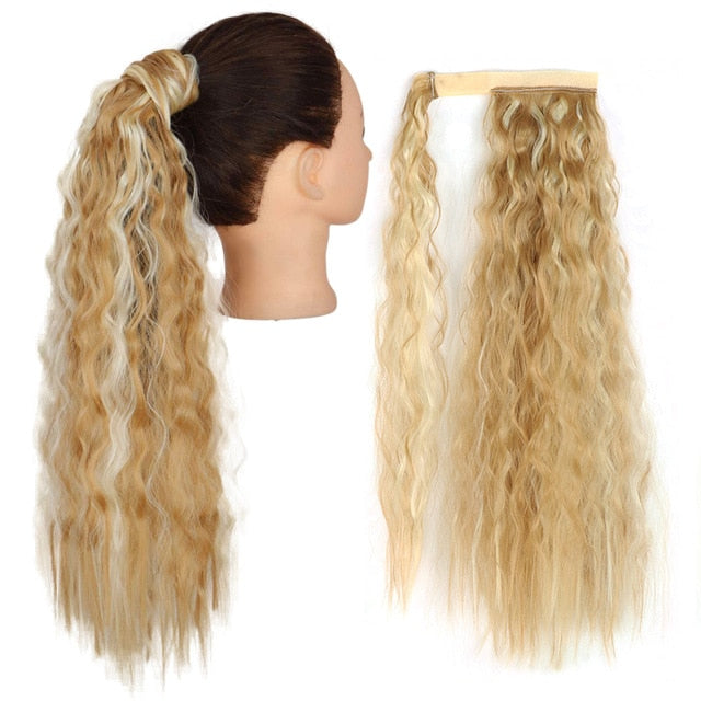 Long Curly Ponytail Wrap Around Ponytail Clip in Hair Extensions Natural Hairpiece Headwear Synthetic Hair Brown Gray