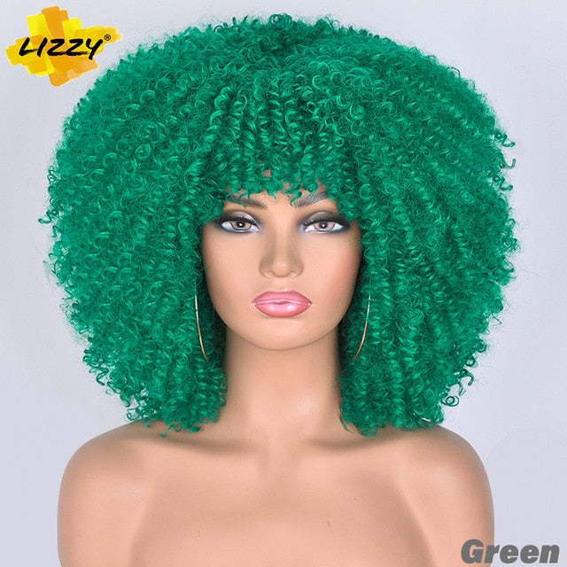 Short Hair Afro Kinky Curly Wigs With Bangs For Black Women African Synthetic Omber Glueless Cosplay Wigs High Temperature Lizzy