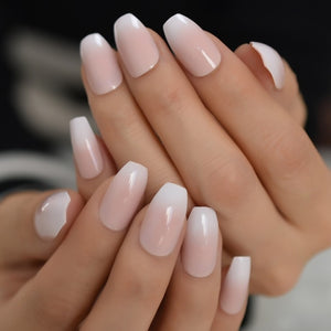 Salon Acrylic French Nails Short Length Ombre Round French Tips Glitter Pattern White Thin False Nail 24 Ct
