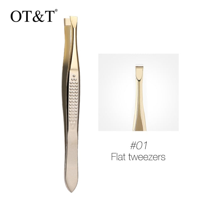 OT&T Eyebrow Tweezers Professional Stainless Steel Eyebrow Hair Removal Tweezer Flat Slant Tip Convenient Facial Makeup Tools