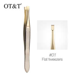 OT&T Eyebrow Tweezers Professional Stainless Steel Eyebrow Hair Removal Tweezer Flat Slant Tip Convenient Facial Makeup Tools