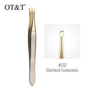 OT&T Eyebrow Tweezers Professional Stainless Steel Eyebrow Hair Removal Tweezer Flat Slant Tip Convenient Facial Makeup Tools