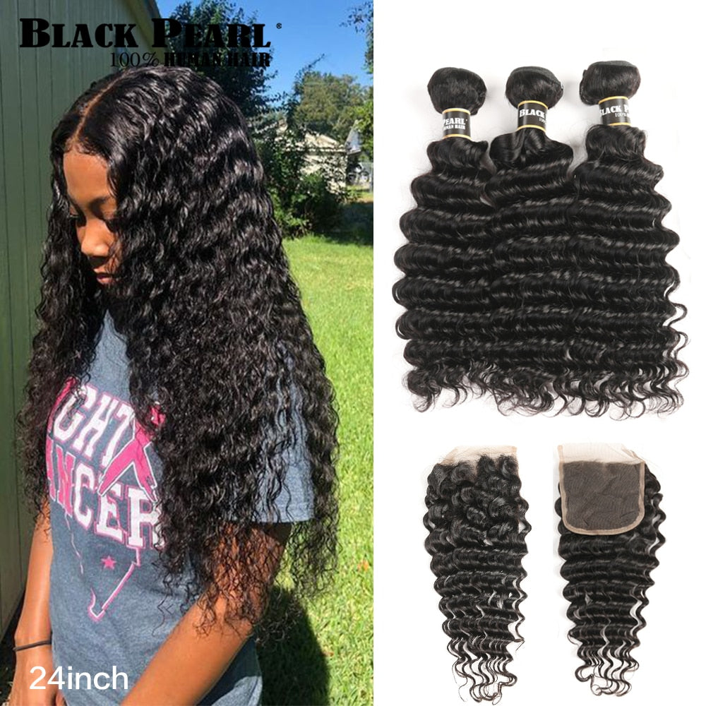 Black Pearl Deep Wave Bundles With Closure Remy Human Hair Brazilian Hair 30 Inch Bundles With Closure 3 Bundles With Closure