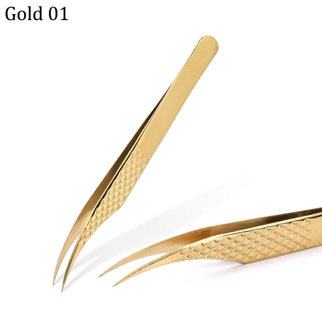 Stainless Steel Eyelashes Tweezers Professional For Lashes Extension Gold Decor Anti-static Eyebrow Tweezers Eyelash Extension