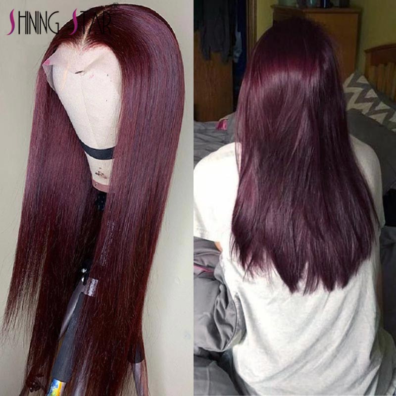 Burgundy Lace Front Human Hair Wigs 99J Human Hair Wig Brazilian Straight Lace Part Wig Pre-Plucked Remy Hair Shining Star 180