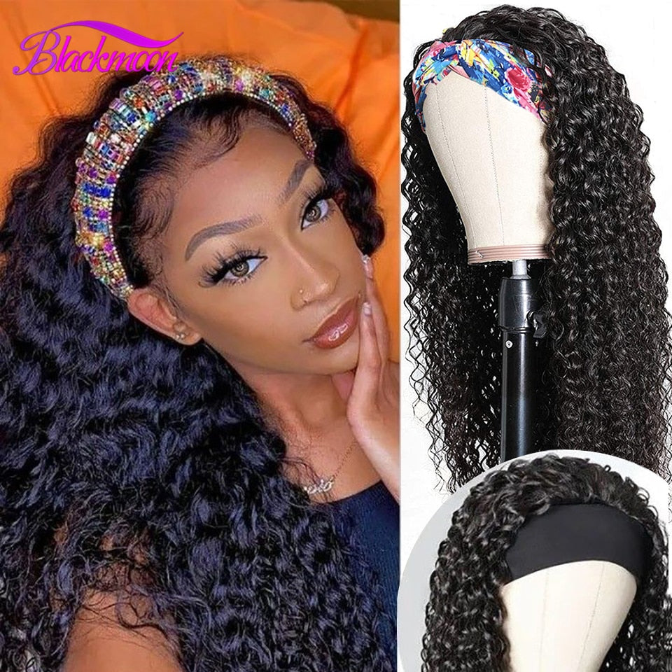 Brazilian Curly Hair Headband Wig Glueless Scarf Remy Human Hair Wigs for Black Women Full Machine Made Wig Beginner Friendly