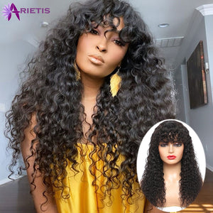Glueless Water Wave Wig Peruvian Human Hair Wigs With Bangs Full Machine Made Wig For Black Women 8-24 Inches Fast Shipping