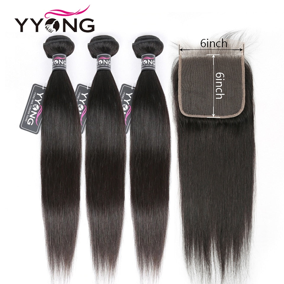 Yyong Hair Peruvian Straight 6x6 Closure With Bundles 4pcs Lot 8-30 Inch Remy Straight Human Hair Bundles With Lace Closure