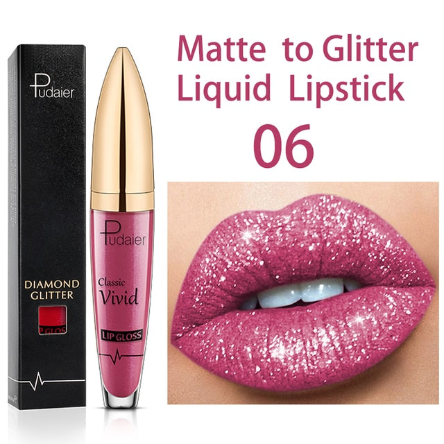 Pudaier Diamond Glitter Lip Gloss Velvet Matte Lip Tint Pigment Waterproof Long Lasting Red Blue Black Makeup Liquid Lipsticks