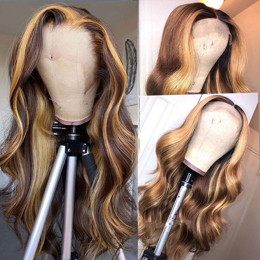 30 Inch Highlight Human Hair Wigs Body Wave Lace T Part Wig Peruvian Hair Remy 13x1 Ombre Honey Blonde And Brown Highlight Wig