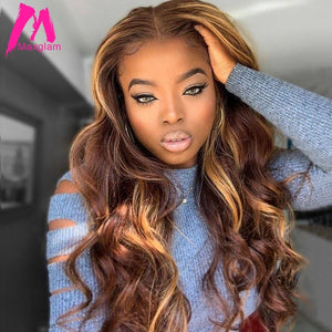 Highlight Wig Human Hair Honey Blonde Body Wave Wigs Brazilian Ombre Brown 4/27 Remy Pre Plucked 13x1 T Part Lace Wig for Women