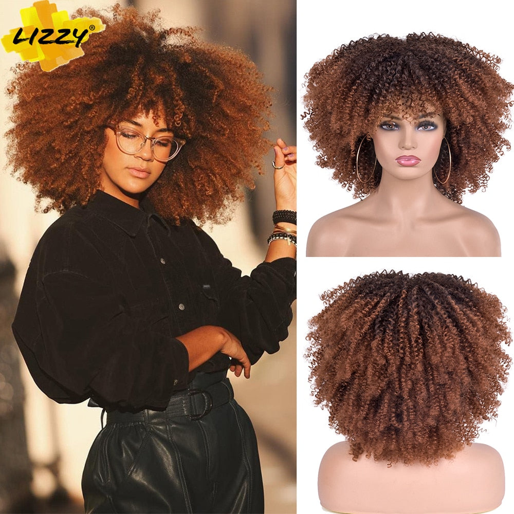 Short Hair Afro Kinky Curly Wigs With Bangs For Black Women African Synthetic Omber Glueless Cosplay Wigs High Temperature Lizzy