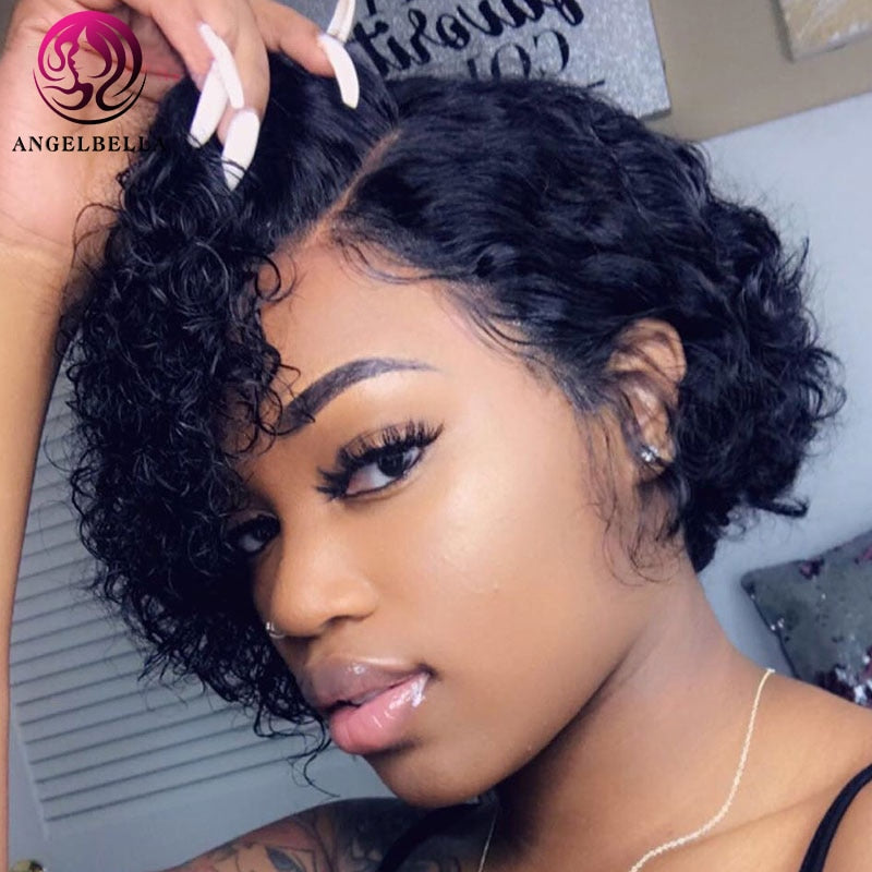 Angelbella 8 inch Short Curly Wigs 100% Human Hair Long Parting Remy Hair Wig NC# 13x1 hairline Lace Curly Wig For Black Women