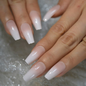 Salon Acrylic French Nails Short Length Ombre Round French Tips Glitter Pattern White Thin False Nail 24 Ct