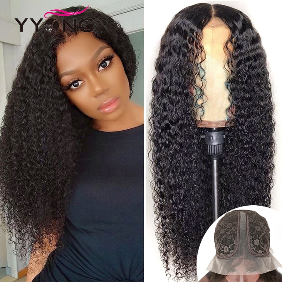 YYong 1x4 & 1x6 T Part Lace Peruvian Human Hair Wig Kinky Curly Transparent Lace Wigs Remy Deep Part Wigs 120% 30 32 inch
