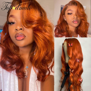 Orange Ginger Color 13x4 Lace Front Wigs Pre Plucked Brazilian Wavy Human Hair Wig 180% Density Remy Glueless Lace Wig for Women
