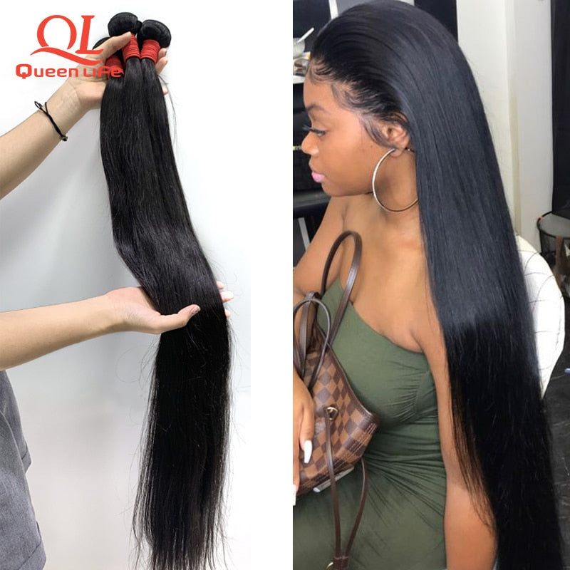 Queenlife 28 30 32 34 36 38 40 inch Straight Hair Bundles Peruvian Hair Bundles Remy Human Hair Weave Silky Hair 1/3/4 pieces