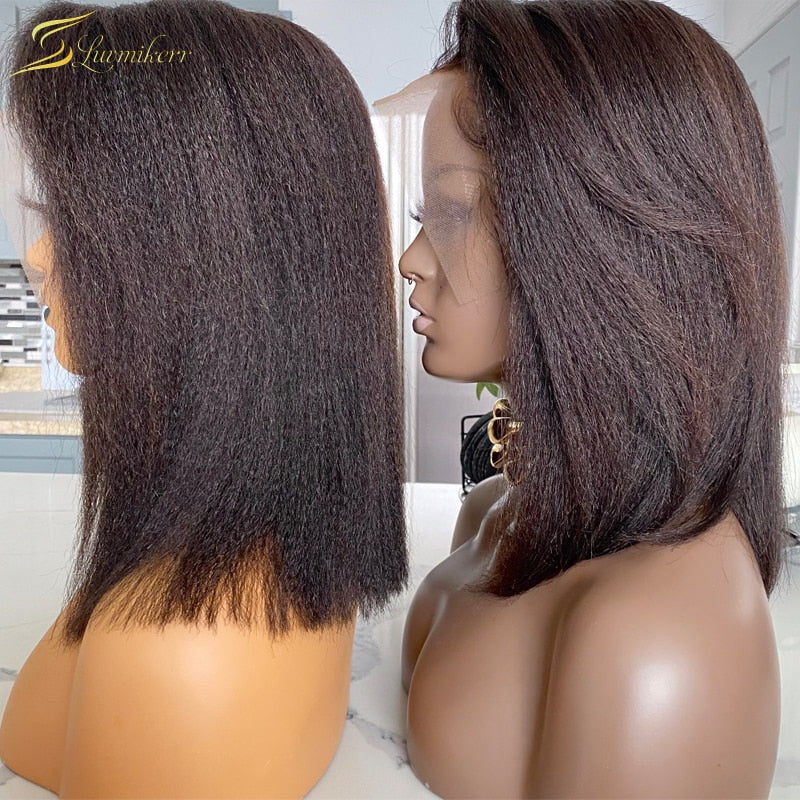 Blunt Cut Light Yaki Straight 13X6 Short Bob Full Lace Front Human Hair Wigs For Black Women Kinky Straight 360 Lace Frontal Wig