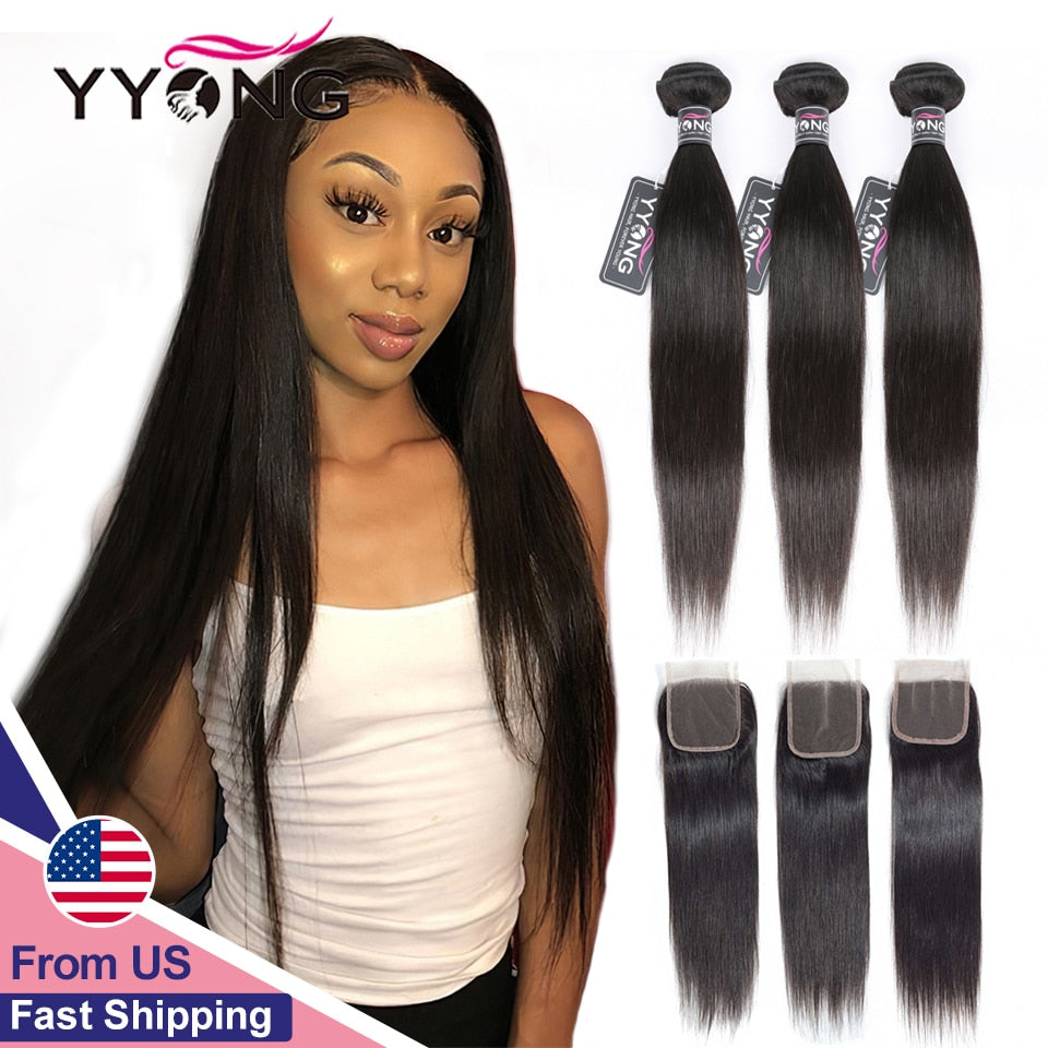 Yyong Peruvian Straight Hair 3 / 4 Bundles With Closure 100% Remy Weaves Human Hair Extension With 4*4 Lace Closures Double Weft