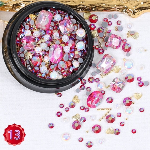 1 Jar Mix Shapes Glitter Diamond Pearls Metal Twisted Bar Beads Frosted Heart Nail Art Rhinestones Gems Decals Manicure DIY Tips