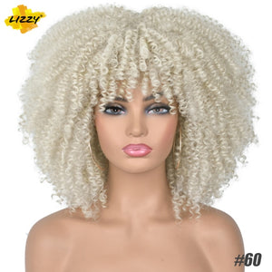 Short Hair Afro Kinky Curly Wigs With Bangs For Black Women African Synthetic Omber Glueless Cosplay Wigs High Temperature Lizzy