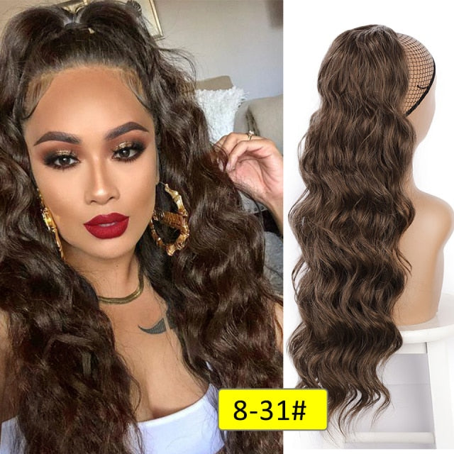Vigorous Long Wavy Ponytail Hair Synthetic Drawstring Ponytail Clip in Hairpiece Black Wave Ponytail for Black Women