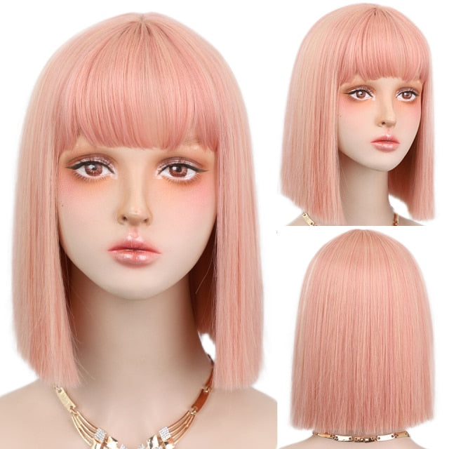 AISI HAIR Short Bob Wig With Bangs for Women Synthetic Bob Wigs Black Pink Purple Wig for Party Daily Use Shoulder Length