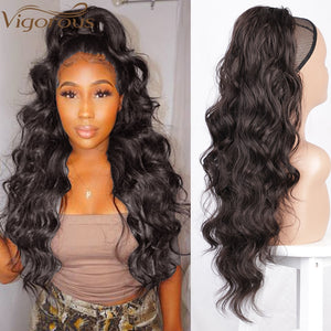 Vigorous Long Body Wavy Drawstring Ponytail  for Women Synthetic Wave Hair Extension Clip in Hairpiece Black Fake Hair