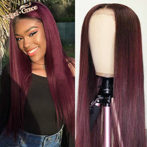 99J Lace Front Wigs 4x4 Burgundy Transparent Straight Lace Front Wigs Brazilian 30inch T Part Human Hair Wigs Pre Plucked Remy