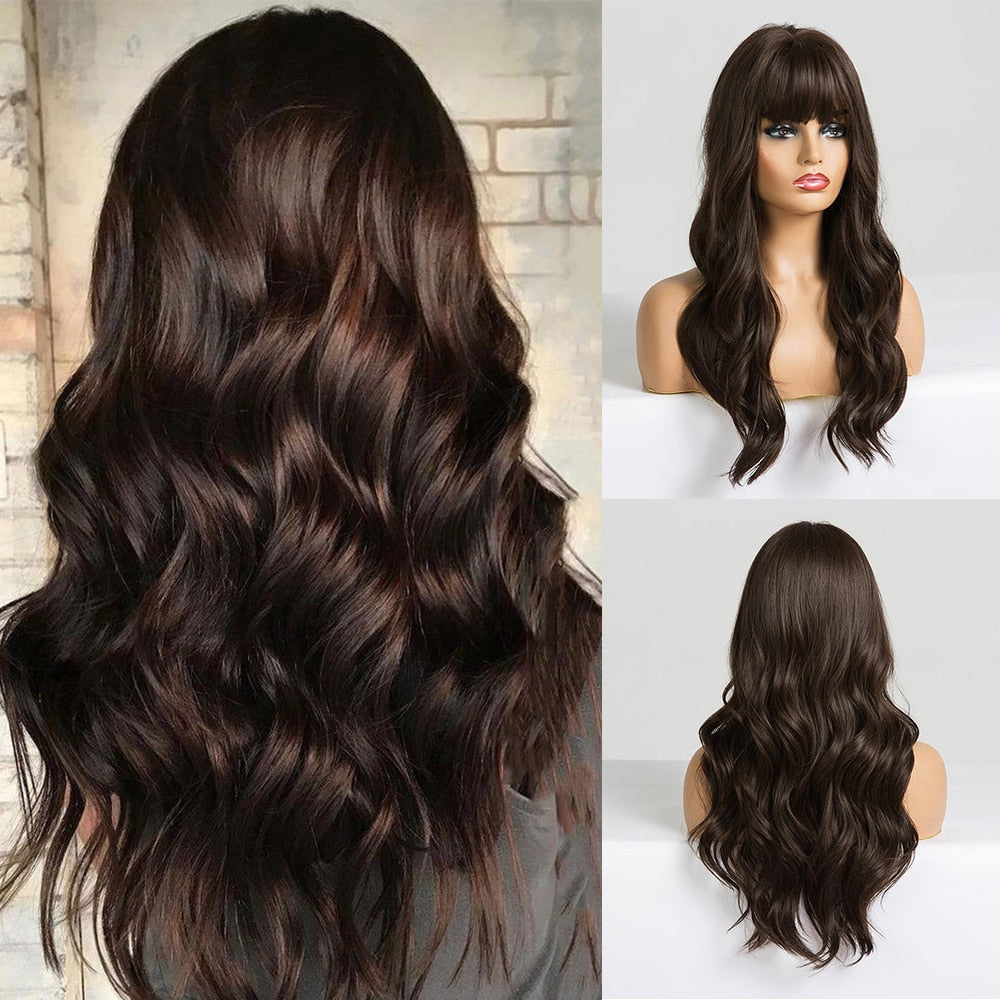 EASIHAIR Long Dark Brown Women's Wigs with Bangs Water Wave Heat Resistant Synthetic Wigs for Black Women African American Hair