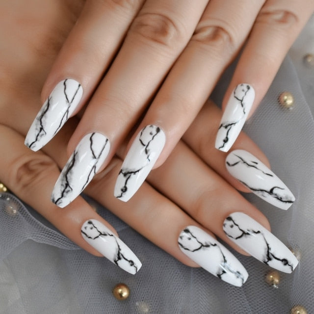 Long Coffin Fake Nail Set Nude Three-color Stitching Faux Ongles For Makeup With Manicure Glue Stickers