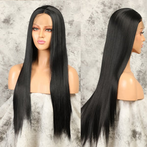 Kinky Straight Lace Front  Synthetic Hair Wigs Middle Part Lace Frontal Wigs Full Hair For Fashion 28 inches Fiber Hair Wig