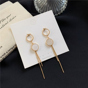 Vintage Gold Color Bar Long Thread Tassel Drop Earrings for Women Glossy Arc Geometric Korean Fashion Jewelry Hanging Pendientes