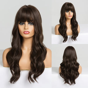 EASIHAIR Long Dark Brown Women's Wigs with Bangs Water Wave Heat Resistant Synthetic Wigs for Black Women African American Hair