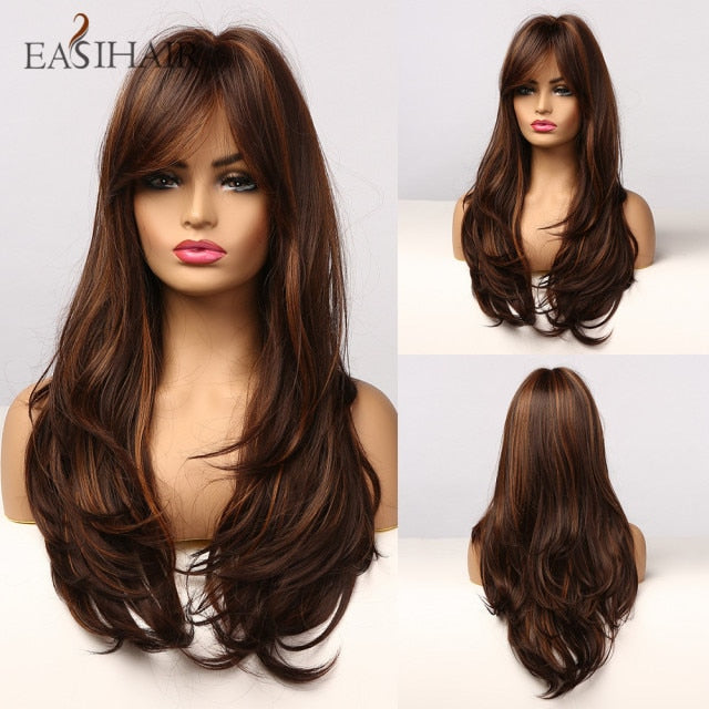 EASIHAIR Long Dark Brown Women's Wigs with Bangs Water Wave Heat Resistant Synthetic Wigs for Black Women African American Hair