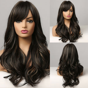 EASIHAIR Long Dark Brown Women's Wigs with Bangs Water Wave Heat Resistant Synthetic Wigs for Black Women African American Hair