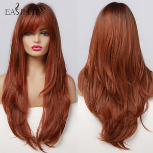 EASIHAIR Long Dark Brown Women's Wigs with Bangs Water Wave Heat Resistant Synthetic Wigs for Black Women African American Hair