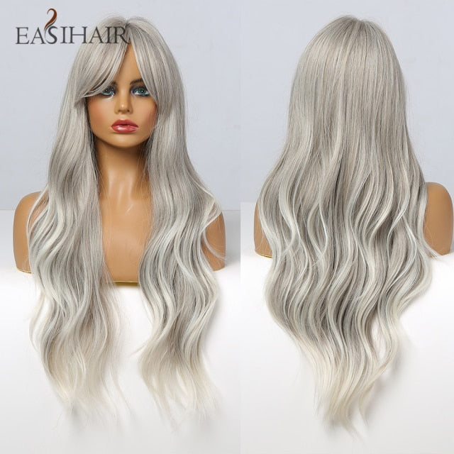 EASIHAIR Long Dark Brown Women's Wigs with Bangs Water Wave Heat Resistant Synthetic Wigs for Black Women African American Hair