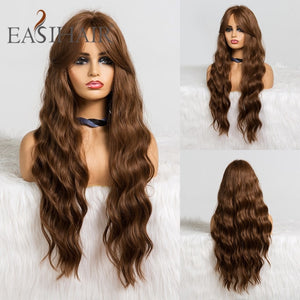 EASIHAIR Long Dark Brown Women's Wigs with Bangs Water Wave Heat Resistant Synthetic Wigs for Black Women African American Hair