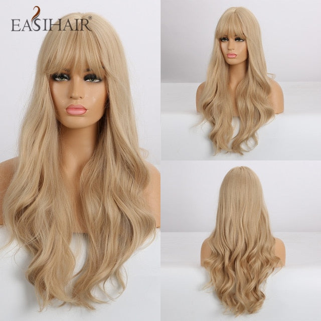 EASIHAIR Long Dark Brown Women's Wigs with Bangs Water Wave Heat Resistant Synthetic Wigs for Black Women African American Hair