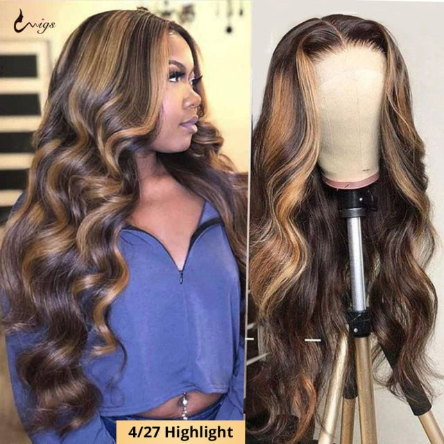 UWIGS 4/27 Highlight Wig Brazilian Body Wave Wig Highlight Lace Front Human Hair Wigs Honey Blonde Ombre Lace Front Wig Remy