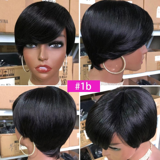Short Pixie Cut Wig Cheap Human Hair Wigs Straight Bob Wigs With Bangs Full Machine Human Hair Wig for Black Women Black & Ombre