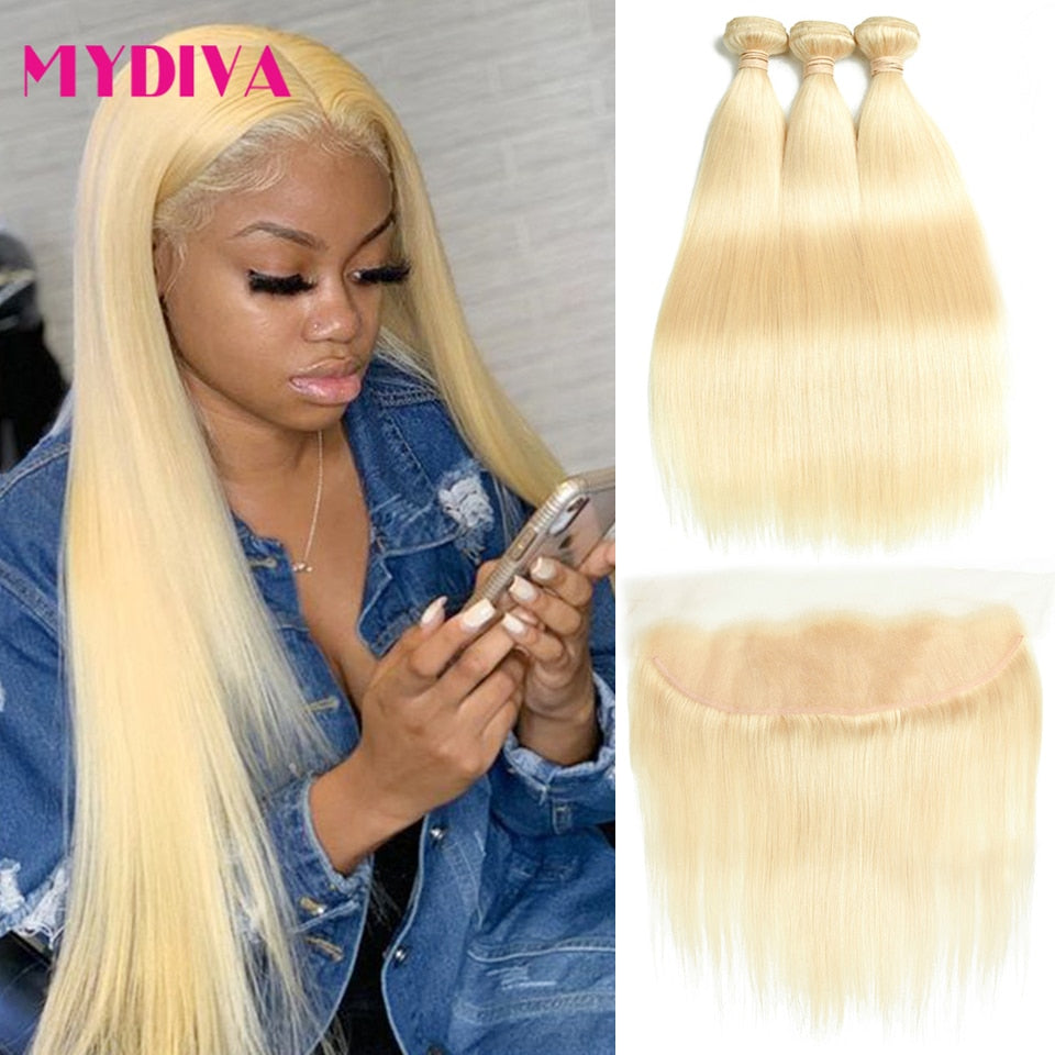 613 Bundles With Frontal Brazilian Straight Hair 3/4 Bundles With Closure 40 Inches Remy Blonde Human Hair Bundles With Frontal