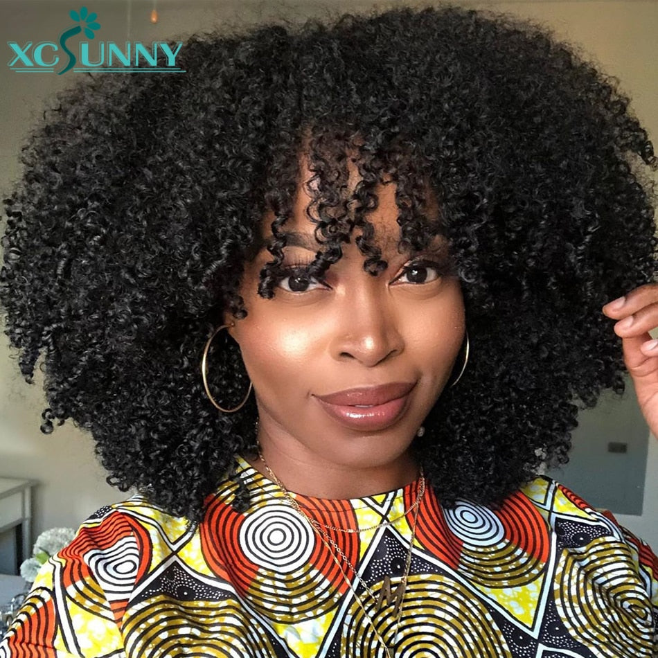 Afro Kinky Curly Wig With Bangs Full Machine Made Scalp Top Wig 200 Density Remy Brazilian Short Curly Human Hair Wigs Xcsunny